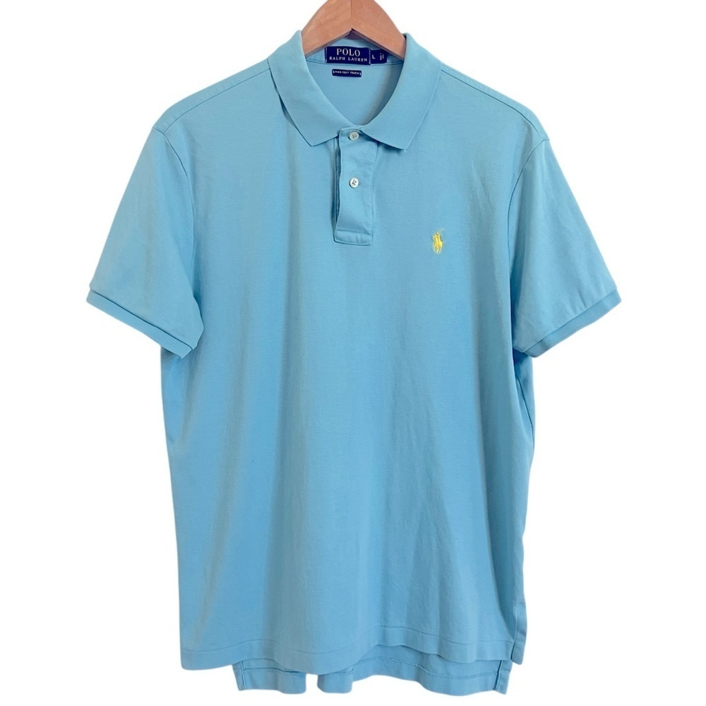 Polo Ralph Lauren Mens Polo Shirt Size L Blue with Yellow Pony -Short Sleeve
